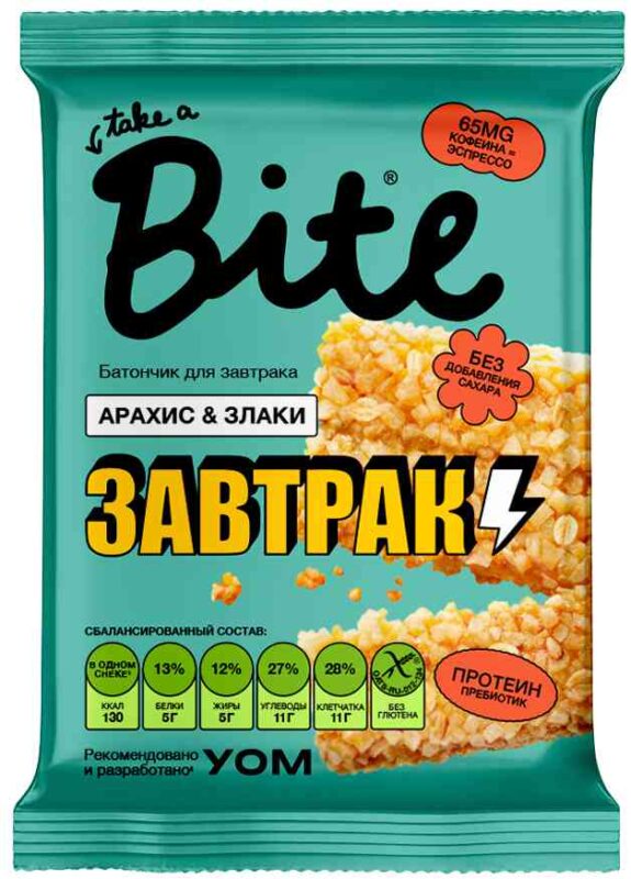Батончик злаково-ореховый Take a Bite Завтрак арахис-злаки без сахара, 40г