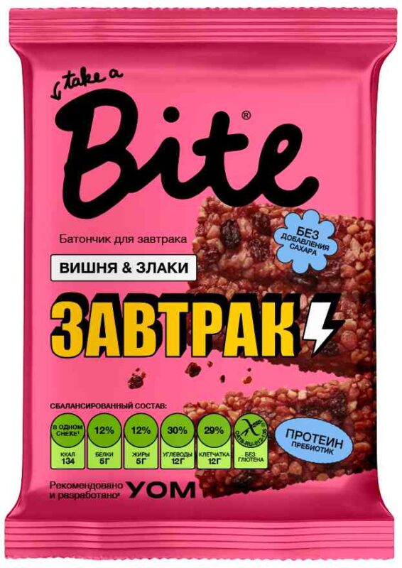 Батончик злаково-ореховый Take a Bite Завтрак вишня-злаки без сахара, 40г
