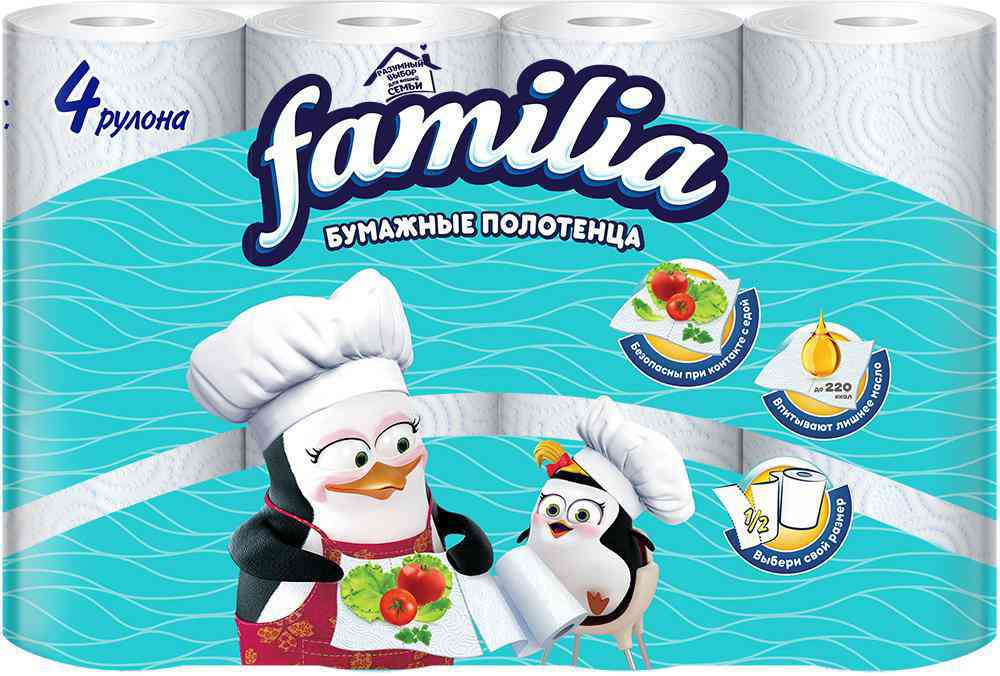Бумажные полотенца Familia с тиснением белые 2 слоя, 4рулона