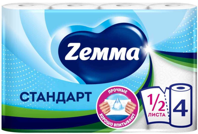 Бумажные полотенца Zemma Стандарт 2 слоя с перфорацией 1/2 листа, 4рулона