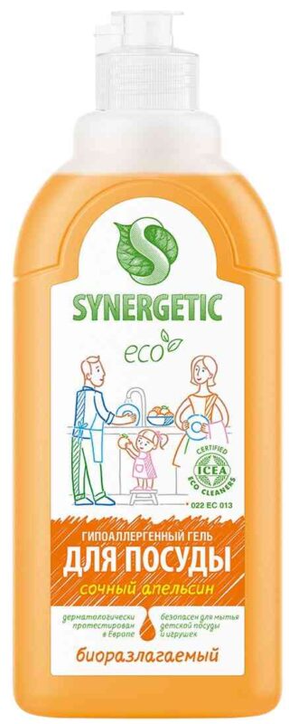 Гель для мытья посуды биоразлагаемый антибактериальный Synergetic с ароматом Апельсина, 0,5л