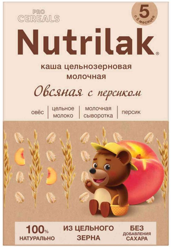 Каша цельнозерновая овсяная молочная Nutrilak персик с 5 месяцев, 200г