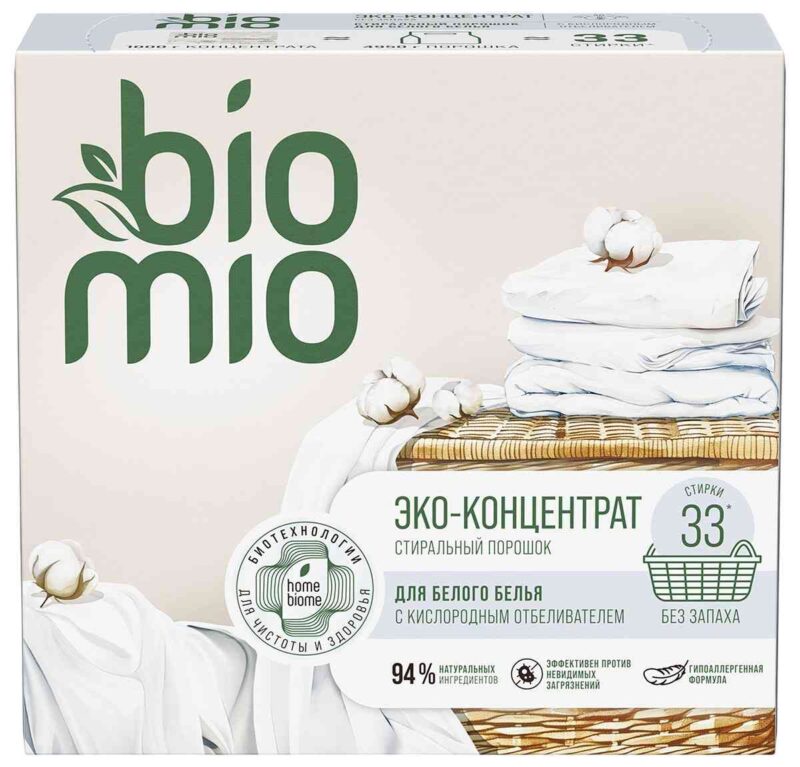 Порошок-концентрат для стирки белого белья BioMio с кислородным отбеливателем, без запаха, 1кг