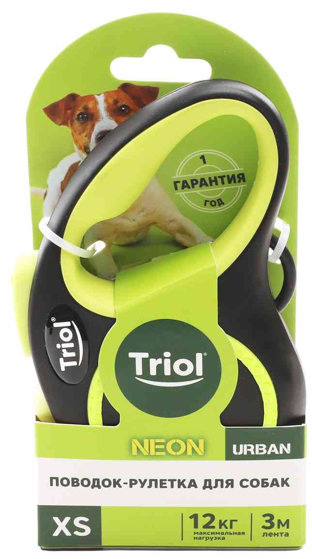 Поводок-рулетка для собак до 12 кг Triol Urban Neon XS черный-желтый, 3м