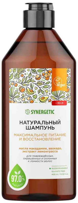 Шампунь для поврежденных, окрашенных и склонных к ломкости волос Synergetic Максимальное питание и восстановление, 400мл
