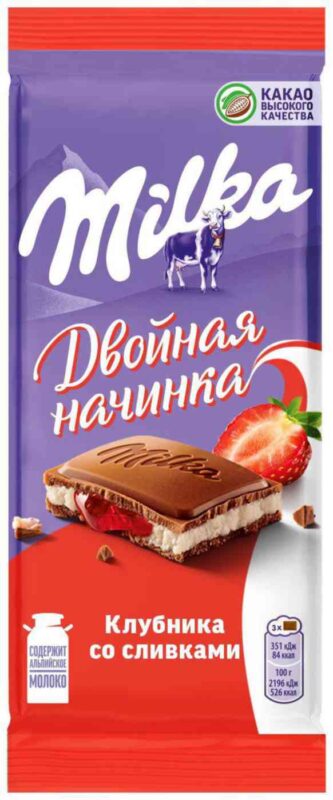 Шоколад молочный Milka клубничная и сливочная начинка, 80г