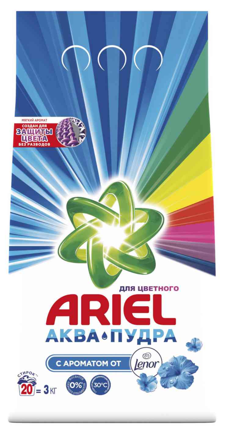 Стиральный порошок для цветного белья Ariel Аква-пудра с ароматом от Lenor, 3кг