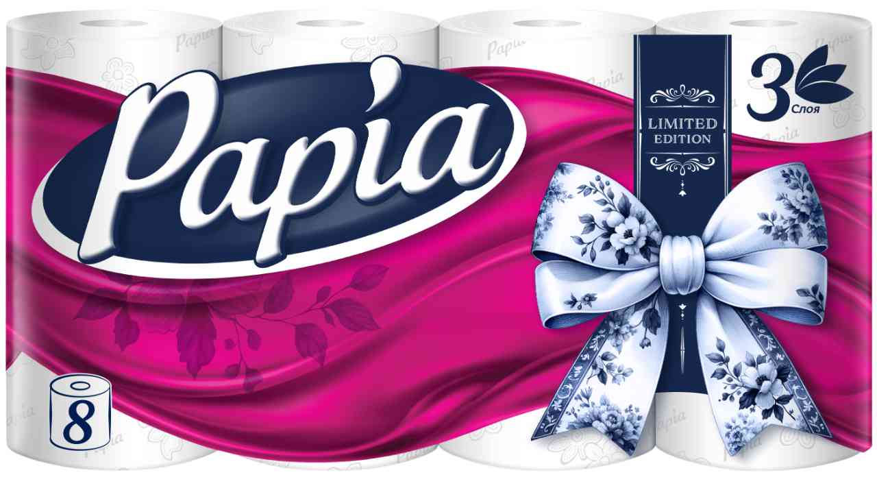Туалетная бумага Papia белая 3 слоя, 8рулонов