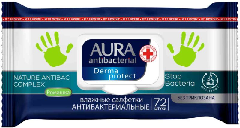 Влажные салфетки антибактериальные Aura, 72шт.