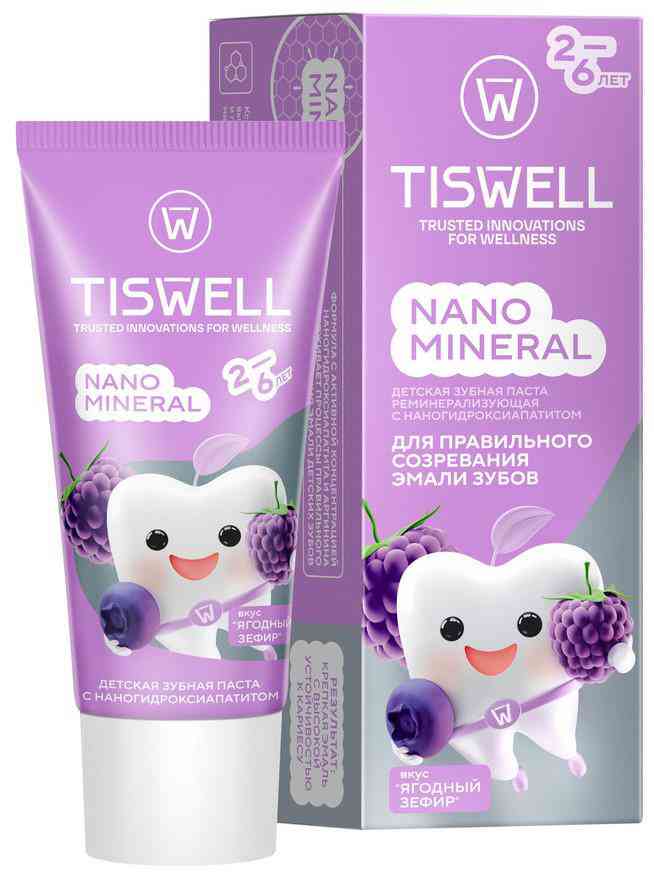 Зубная паста для правильного созревания эмали зубов детская Tiswell Nano Mineral ягодный зефир с 2 до 6 лет, 60г